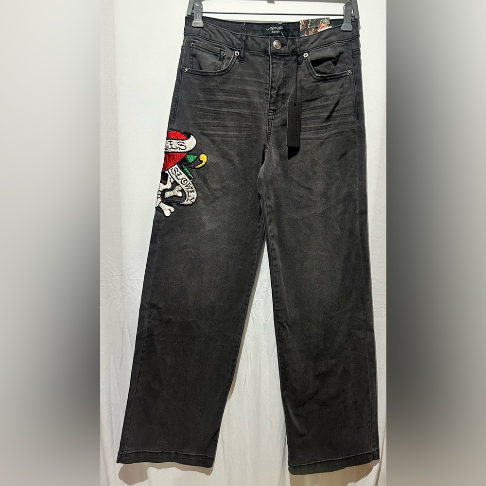 Ed Hardy Black Denim Wide Leg Jeans Embroidered Y2K - Women's Size 26